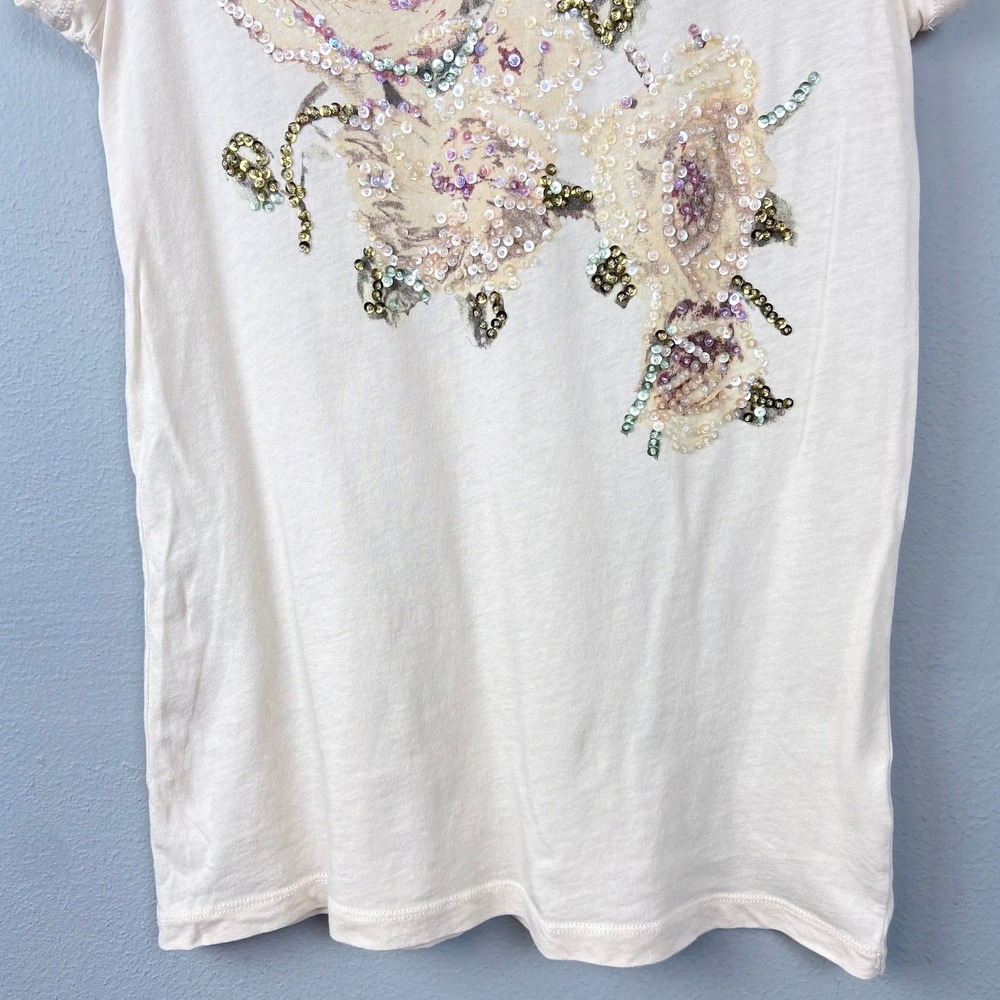 J.Crew Beaded Floral Sequin Embellished T Shirt Top Size M Y2K Fairy Baby Tee - Picture 7 of 10